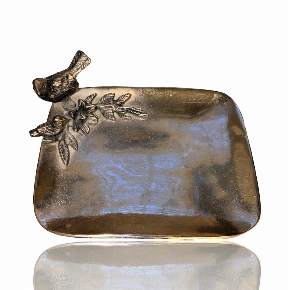 Decorative Silver Tone Rectangular Tray Raised Bird & Floral Corner Accent